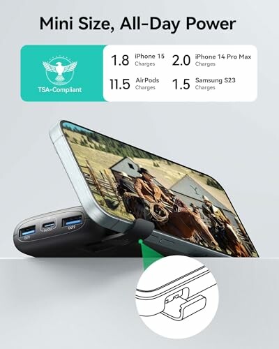 Compact power bank charging a phone with a movie playing, highlighting TSA compliance and device charges.