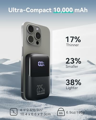 Ultra-compact 10,000 mAh power bank attached to smartphone with size and weight comparison