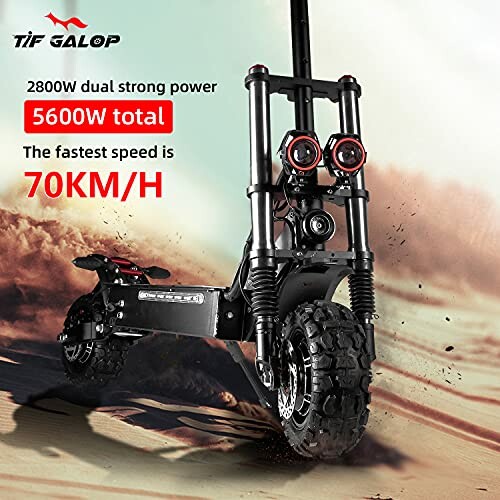 High-power off-road electric scooter with dual suspension and headlights.